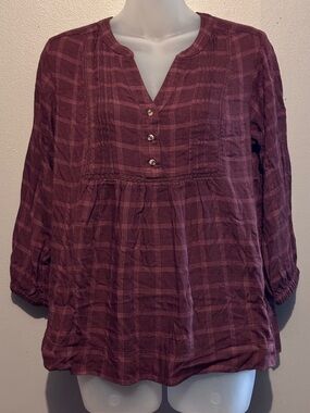 Wrangler Ladies Maroon 3/4 Sleeve Plaid Peasant Blouse Top